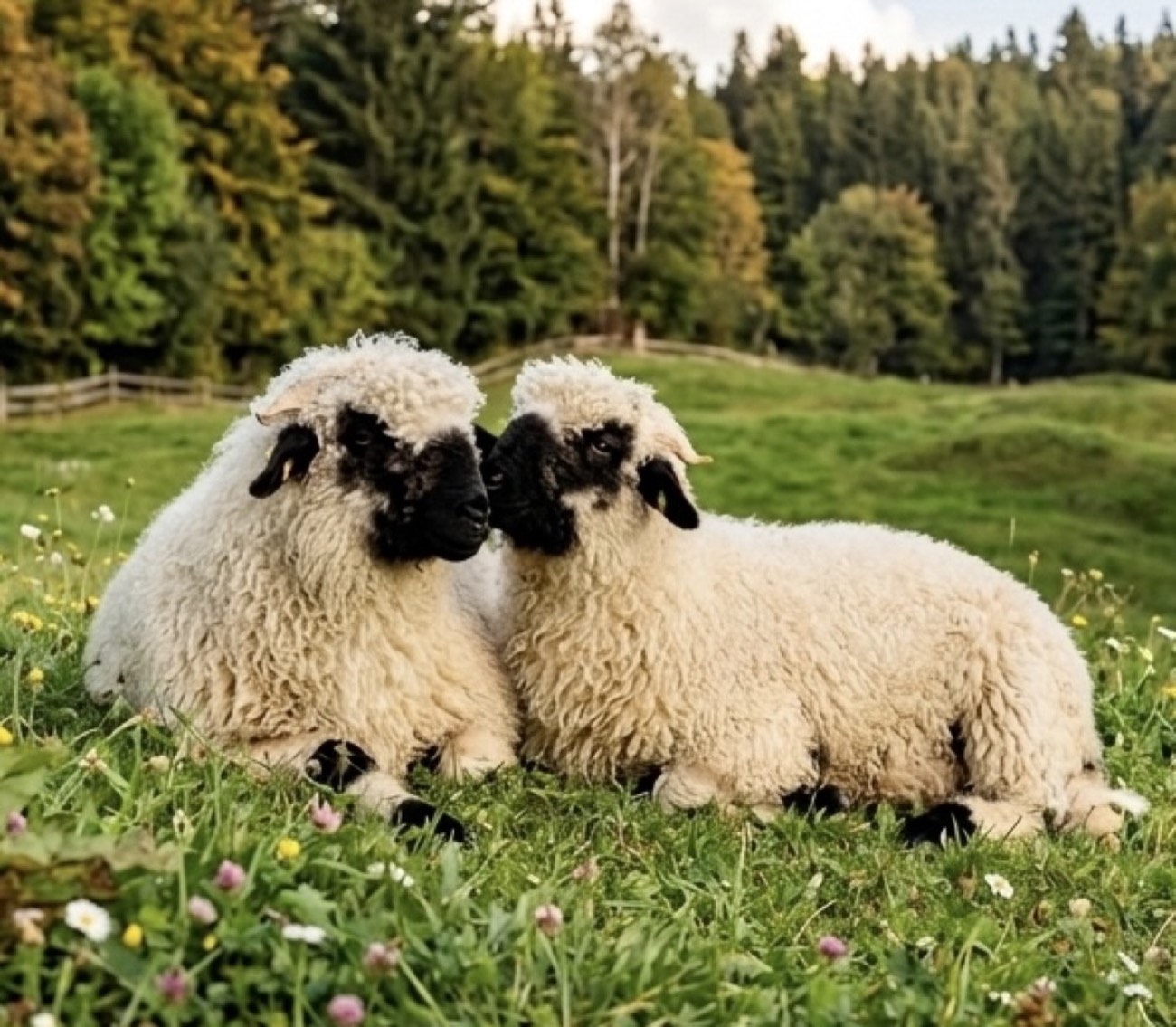 Zwei Walliser Schwarznasenschafe auf einer Weide, Referenzbild